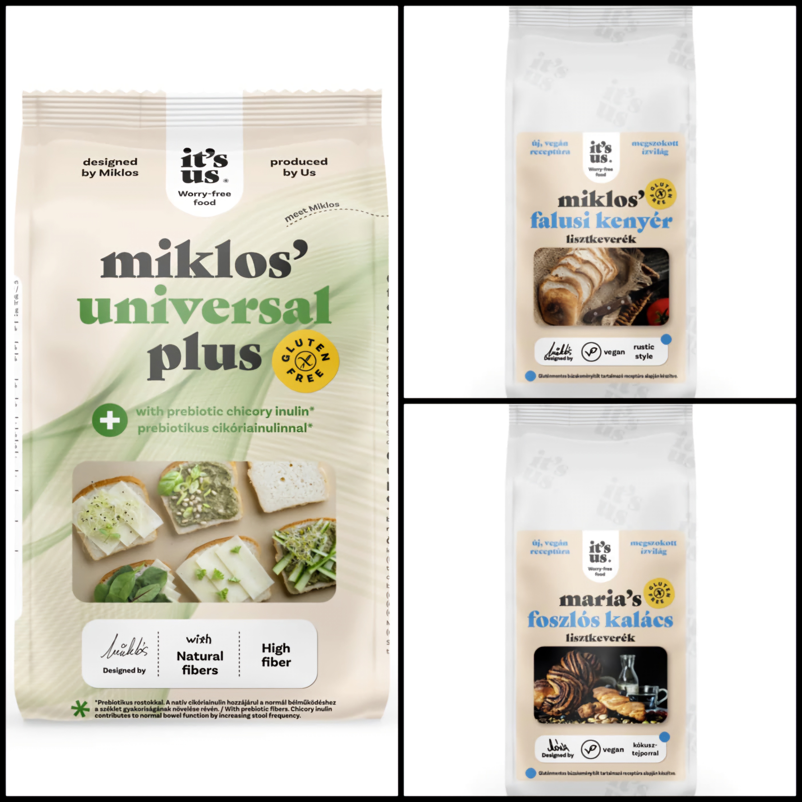 AKCIÓS CSOMAG!-15% kedvezménnyel It’s us miklos’ universal plus lisztkeverék prebiotikus cikóriainulinnal 1kg ,it's us Miklos'gluténmentes falusi kenyér lisztkeverék 500g (Tejmentes) ,It’s us Maria’s sweet baking mix 500g /GLUTENIX gluténmentes FOSZLÓS KA